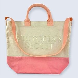 Victoria’s Secret Canvas Pink Peach Tote Bag Gold Lettering Padded Handles NWOT